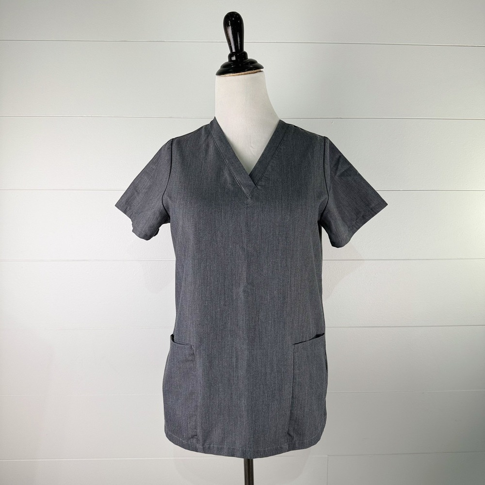 Mandala Scrub Top Women XS Gray Heather V Neck Pockets Short Sleeve Massage